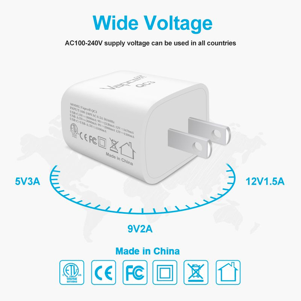 Vapcell QC3 Fast Charge Wide Voltage Wall Adapter